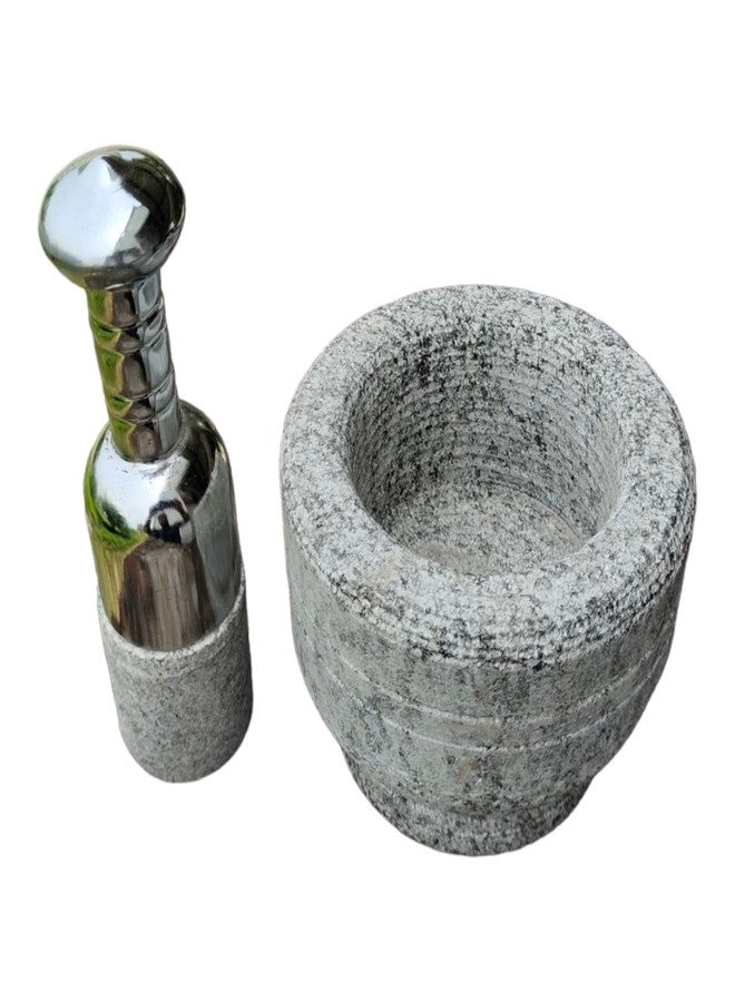 EZAHK SS Handle Mortar and Stainless Handle Pestle Set Stone | Ginger Garlic Crusher for Kitchen Unpolished Heavy Stone Material | Best Masher Kitchen Tool | okhli and musal (4.5INCH) - Image 2